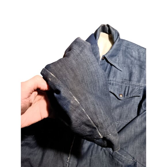 Large Vintage Denim Jacket Trucker Rancher 70's Sherpa Snap Buttons Distressed - Picture 4 of 11
